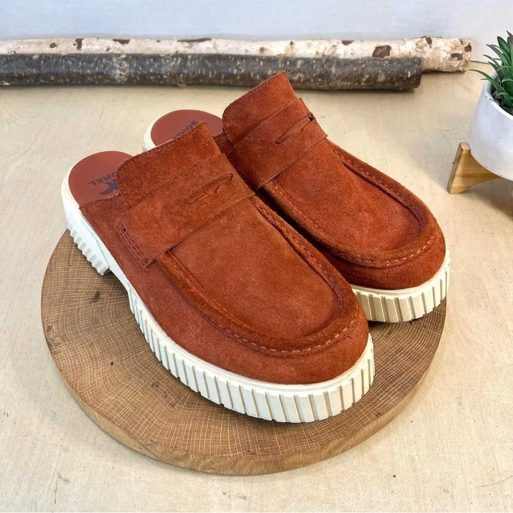 Sorel Suede Penny Mule in Burnt Orange and Cream Platform - Picture 10 of 16